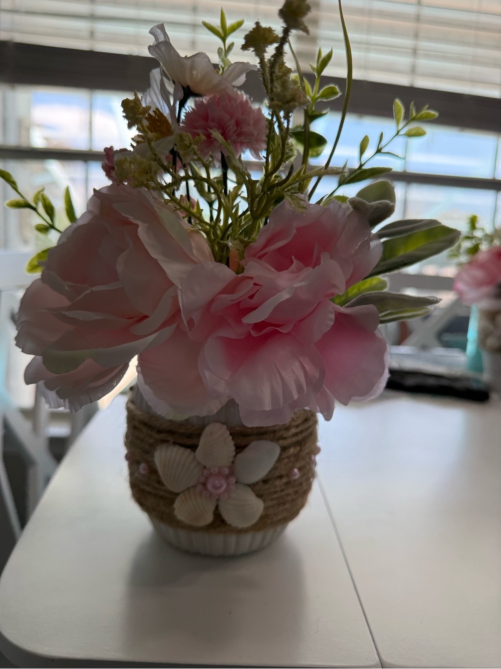 Decorative Pink Artificial Peony Arrangement with Beach Themed Pot